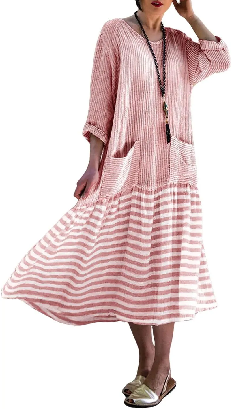 chouyatou Women's Loose Fit Cotton Dress Oversized Striped Printed Long Sleeve Tunic T-Shirt Dress