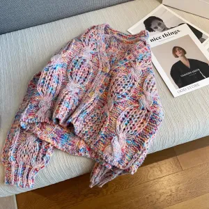 Coarse Wool Knit Cardigan V Neck Multi-Color Rainbow Sweater For Women Needle Hand Made High Quality Female Fashion Coat C-209