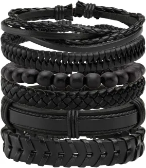 Eigso Wooden Bead PU Leather Cuff Bracelet Bangle for Men Women Woven Handmade Snap Adjustable Wrap