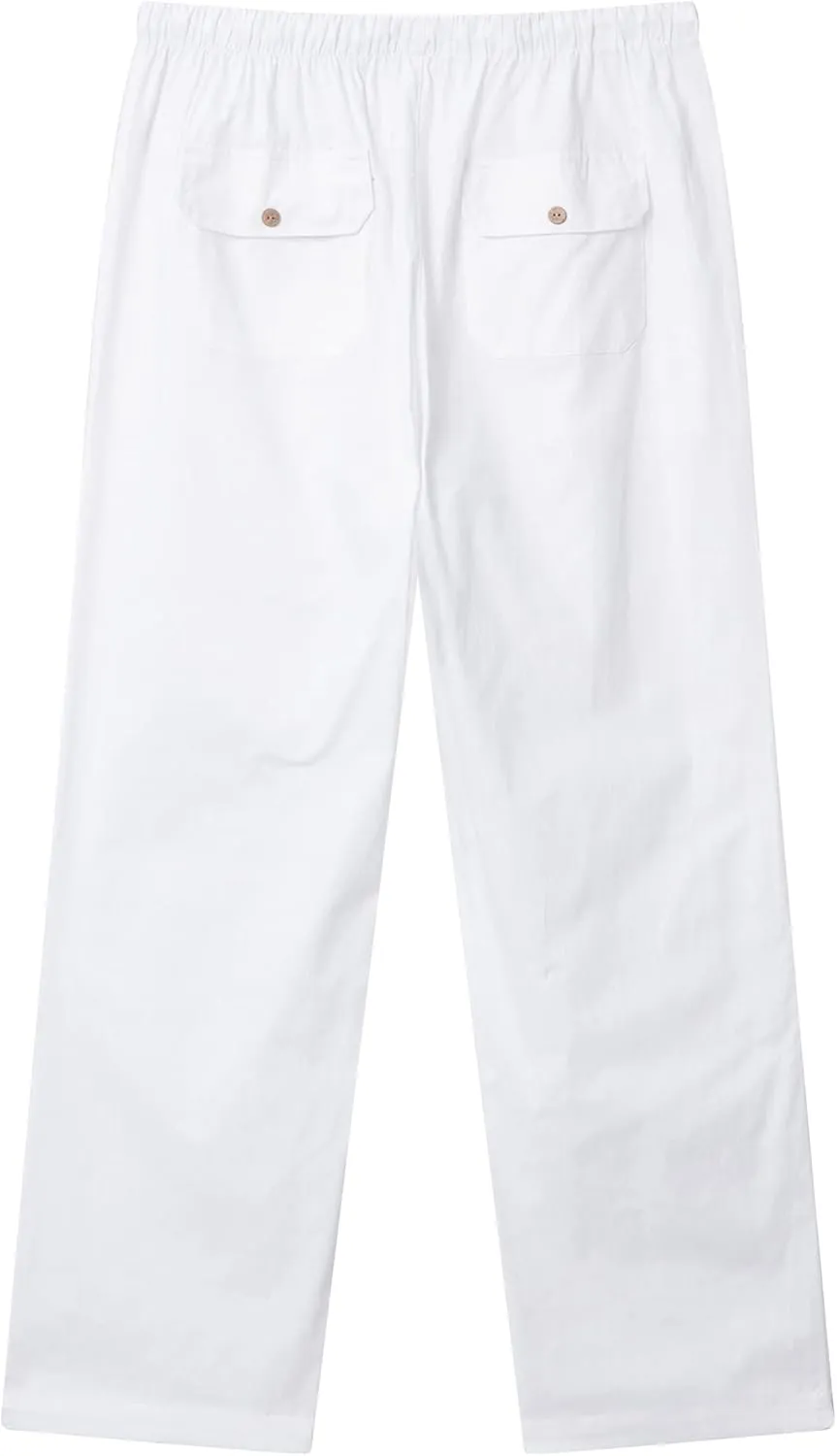 FANARCHER Mens Cotton Linen Pants Drawstring Loose Beach Pants with Pockets