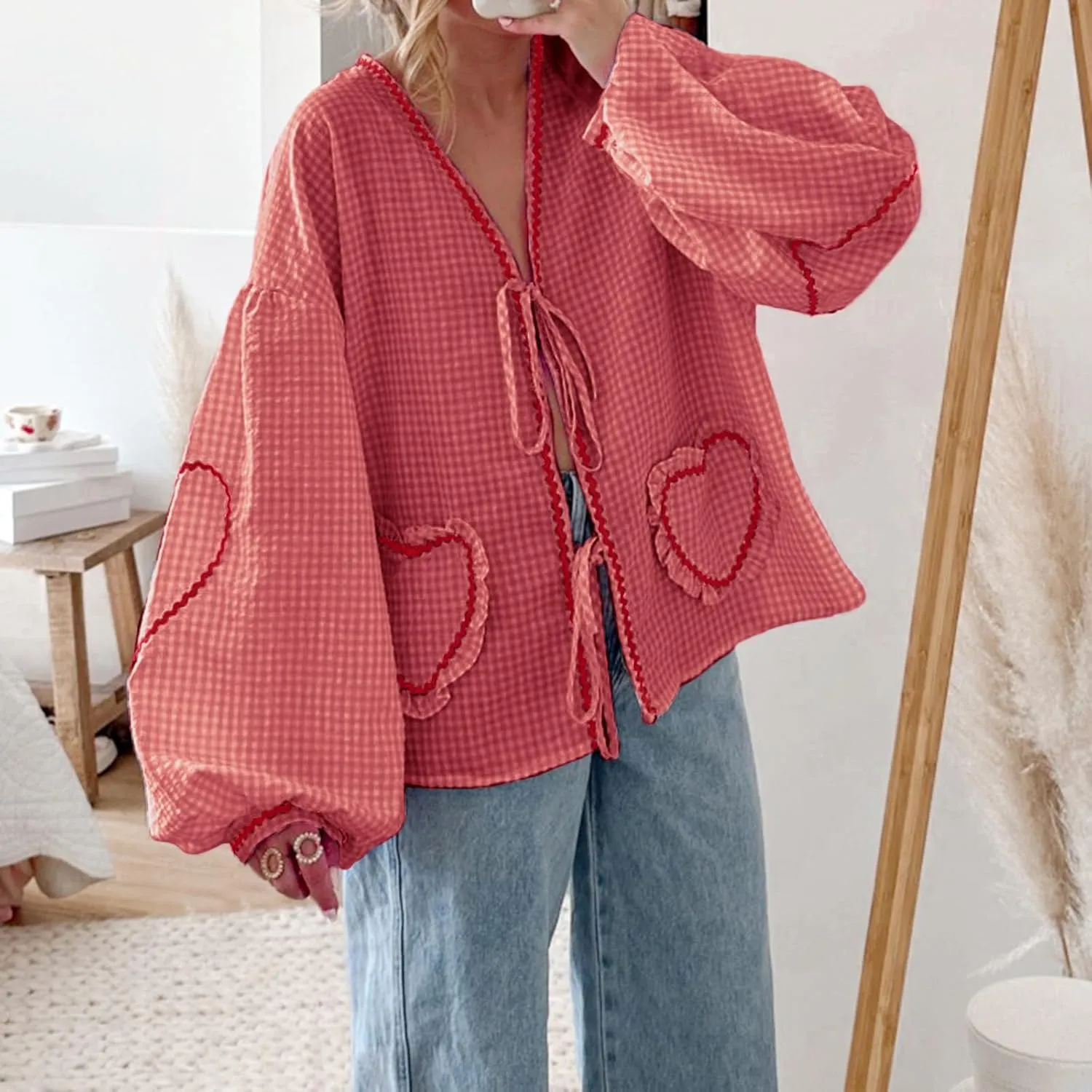 Giraropa Women Plaid Tie Front Top Cute Trim Patchwork Shirt Summer Y2k Puff Long Sleeve V Neck Lace Up Loose Blouse