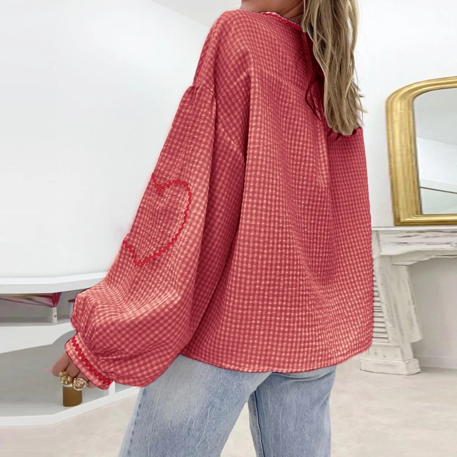 Giraropa Women Plaid Tie Front Top Cute Trim Patchwork Shirt Summer Y2k Puff Long Sleeve V Neck Lace Up Loose Blouse