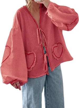 Giraropa Women Plaid Tie Front Top Cute Trim Patchwork Shirt Summer Y2k Puff Long Sleeve V Neck Lace Up Loose Blouse