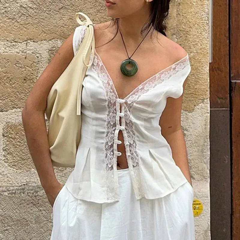 Girlary Chic Lace Bow Sleeveless Short Tank Top For Women Deep V Neck Button Sexy Patchwork Female White Cardigan Top Summer New