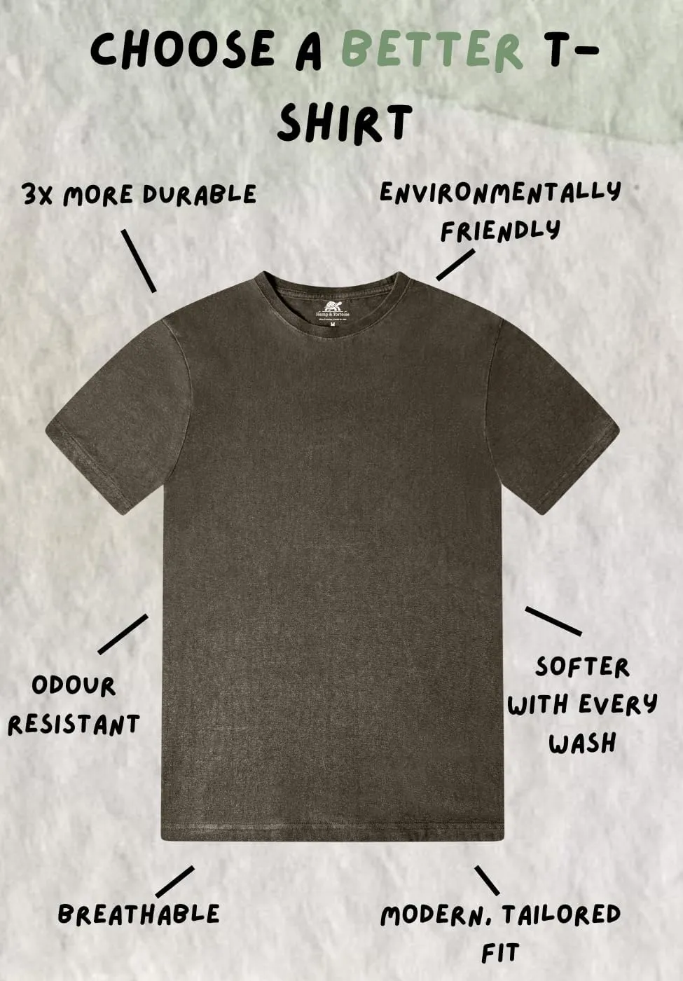 Hemp & Tortoise Men's Hemp T-Shirt  Soft, Durable & Eco-Friendly  55% Hemp, 45% Organic Cotton  Breathable & Long-Lasting