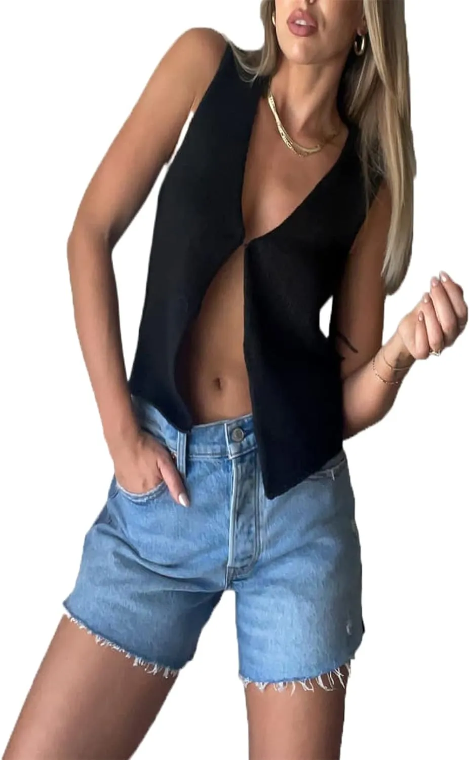 HengShunRui Women Sleeveless Knit Vest Button Down Crochet Sweater Tank Top