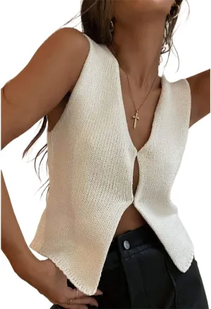 HengShunRui Women Sleeveless Knit Vest Button Down Crochet Sweater Tank Top