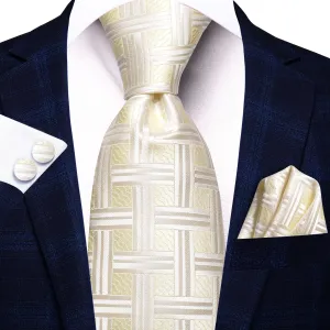 Hi-Tie White Light Yellow Plaid Silk Tie Pocket Square Cufflinks Set
