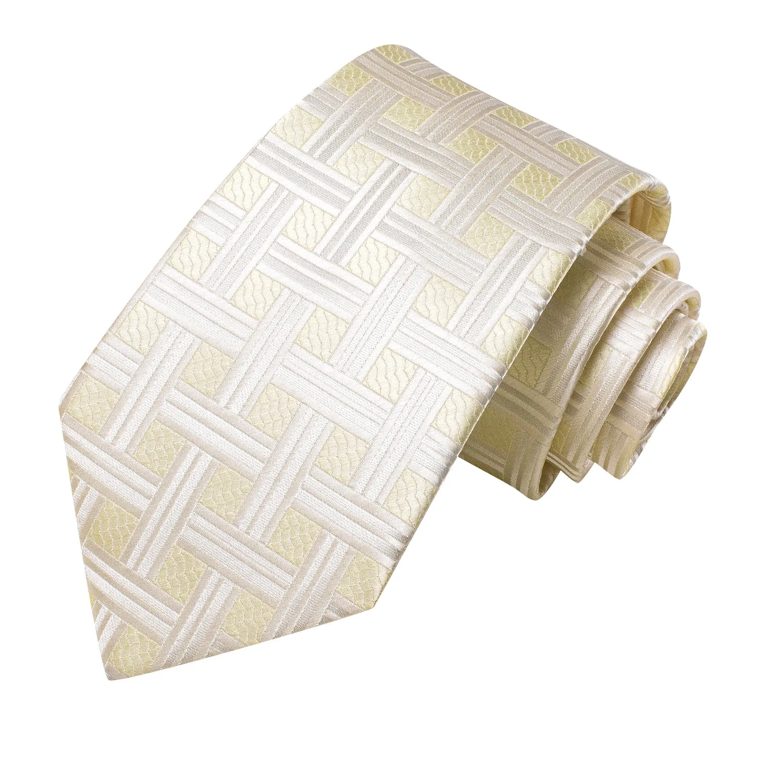 Hi-Tie White Light Yellow Plaid Silk Tie Pocket Square Cufflinks Set