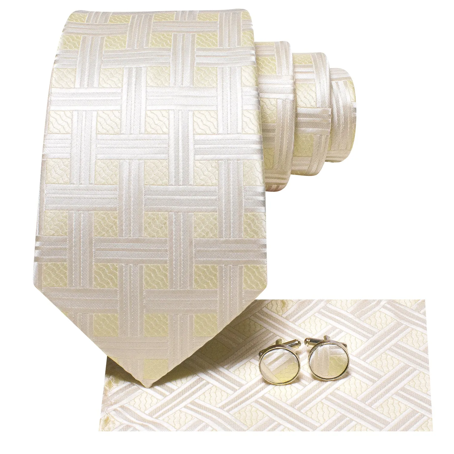 Hi-Tie White Light Yellow Plaid Silk Tie Pocket Square Cufflinks Set