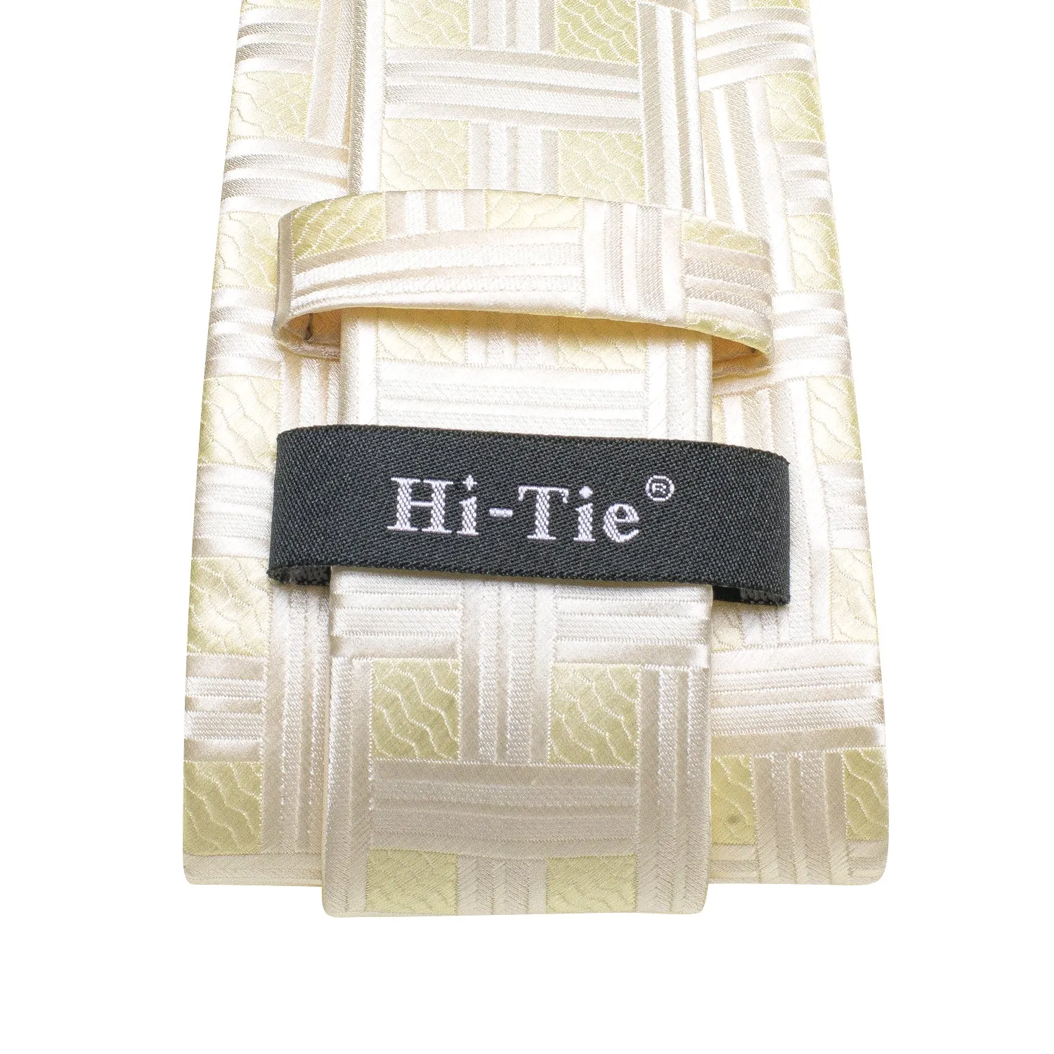 Hi-Tie White Light Yellow Plaid Silk Tie Pocket Square Cufflinks Set