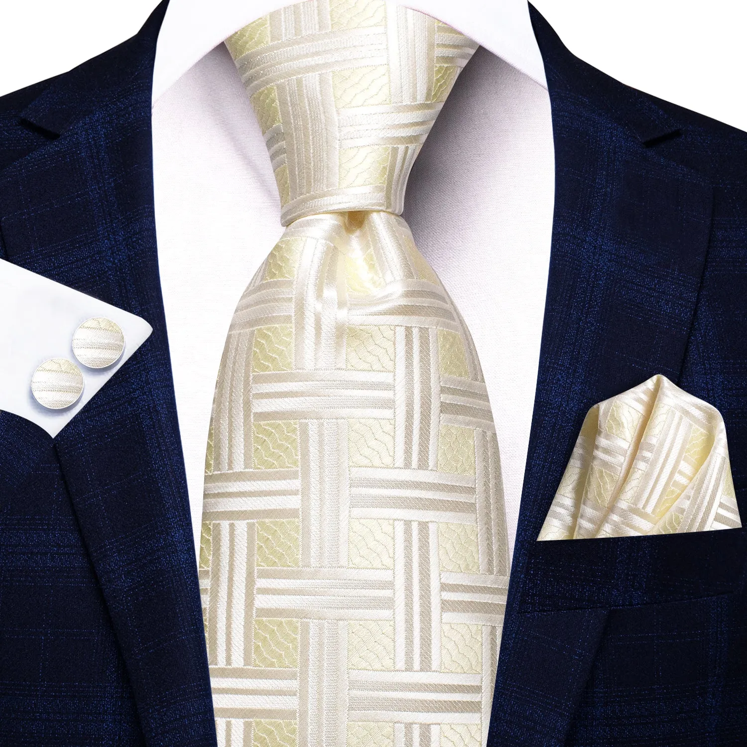Hi-Tie White Light Yellow Plaid Silk Tie Pocket Square Cufflinks Set