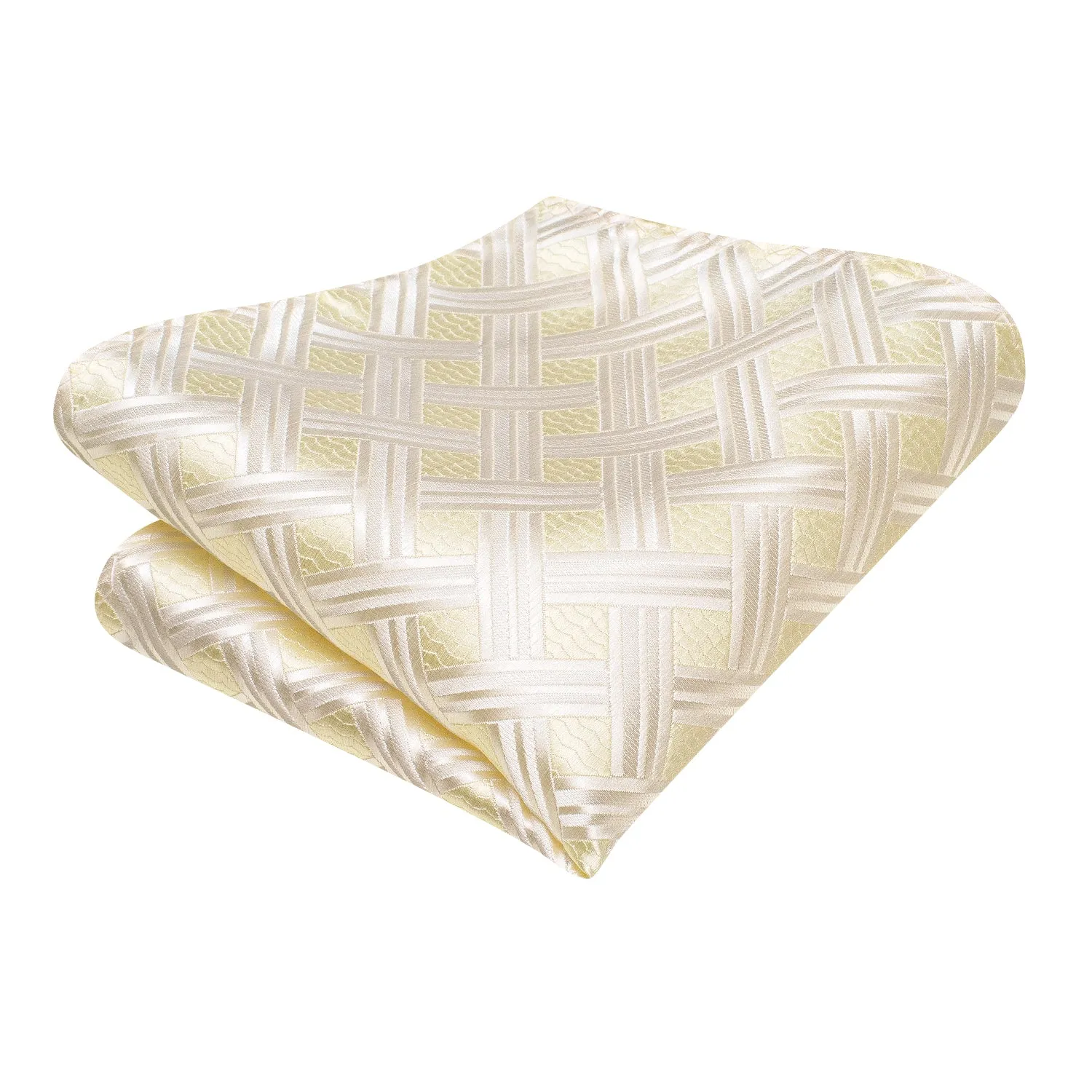 Hi-Tie White Light Yellow Plaid Silk Tie Pocket Square Cufflinks Set