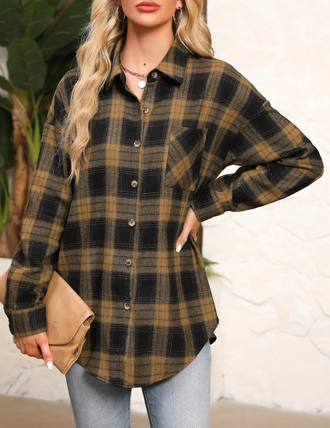 HOTOUCH Womens Flannel Plaid Shirts Cotton Casual Long Sleeve Blouse Classic Collared Button Down 2025 Fall Tops S-2XL