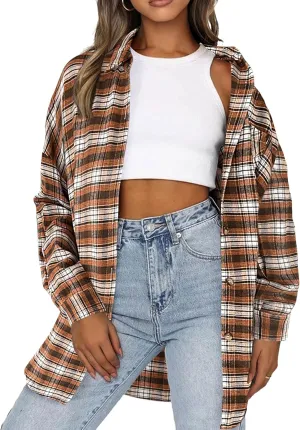 HOTOUCH Womens Flannel Plaid Shirts Cotton Casual Long Sleeve Blouse Classic Collared Button Down 2025 Fall Tops S-2XL