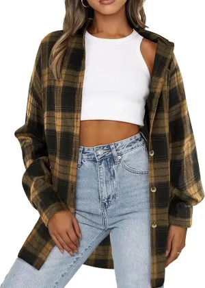 HOTOUCH Womens Flannel Plaid Shirts Cotton Casual Long Sleeve Blouse Classic Collared Button Down 2025 Fall Tops S-2XL