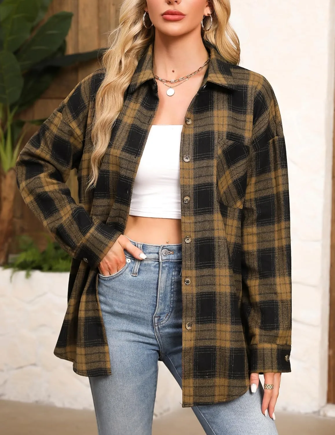HOTOUCH Womens Flannel Plaid Shirts Cotton Casual Long Sleeve Blouse Classic Collared Button Down 2025 Fall Tops S-2XL