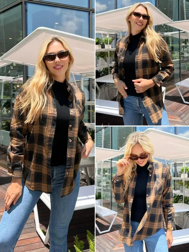 HOTOUCH Womens Flannel Plaid Shirts Cotton Casual Long Sleeve Blouse Classic Collared Button Down 2025 Fall Tops S-2XL