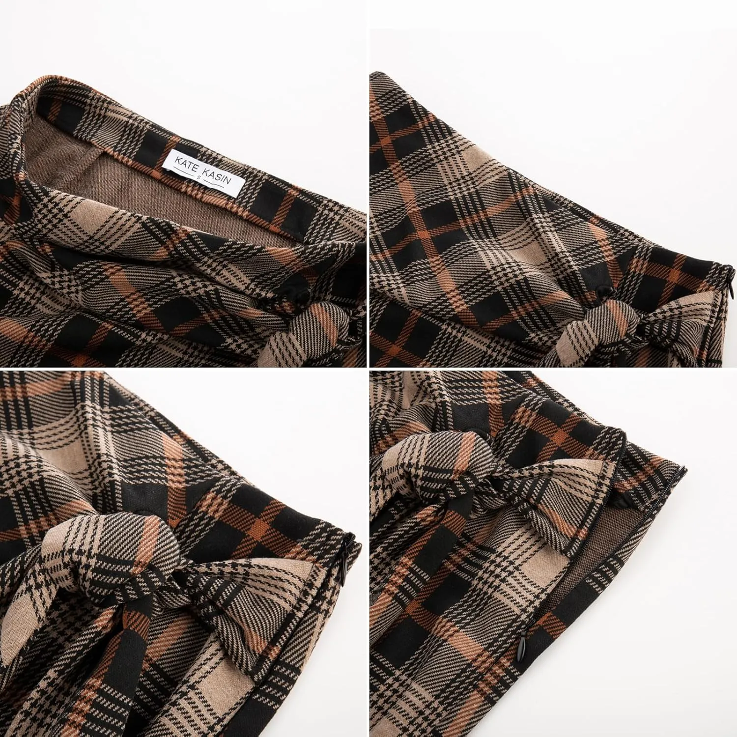 Kate Kasin Women's Plaid Skirt Elastic High Waist Bow Tie Stretch Bodycon Pencil Mini Skirts
