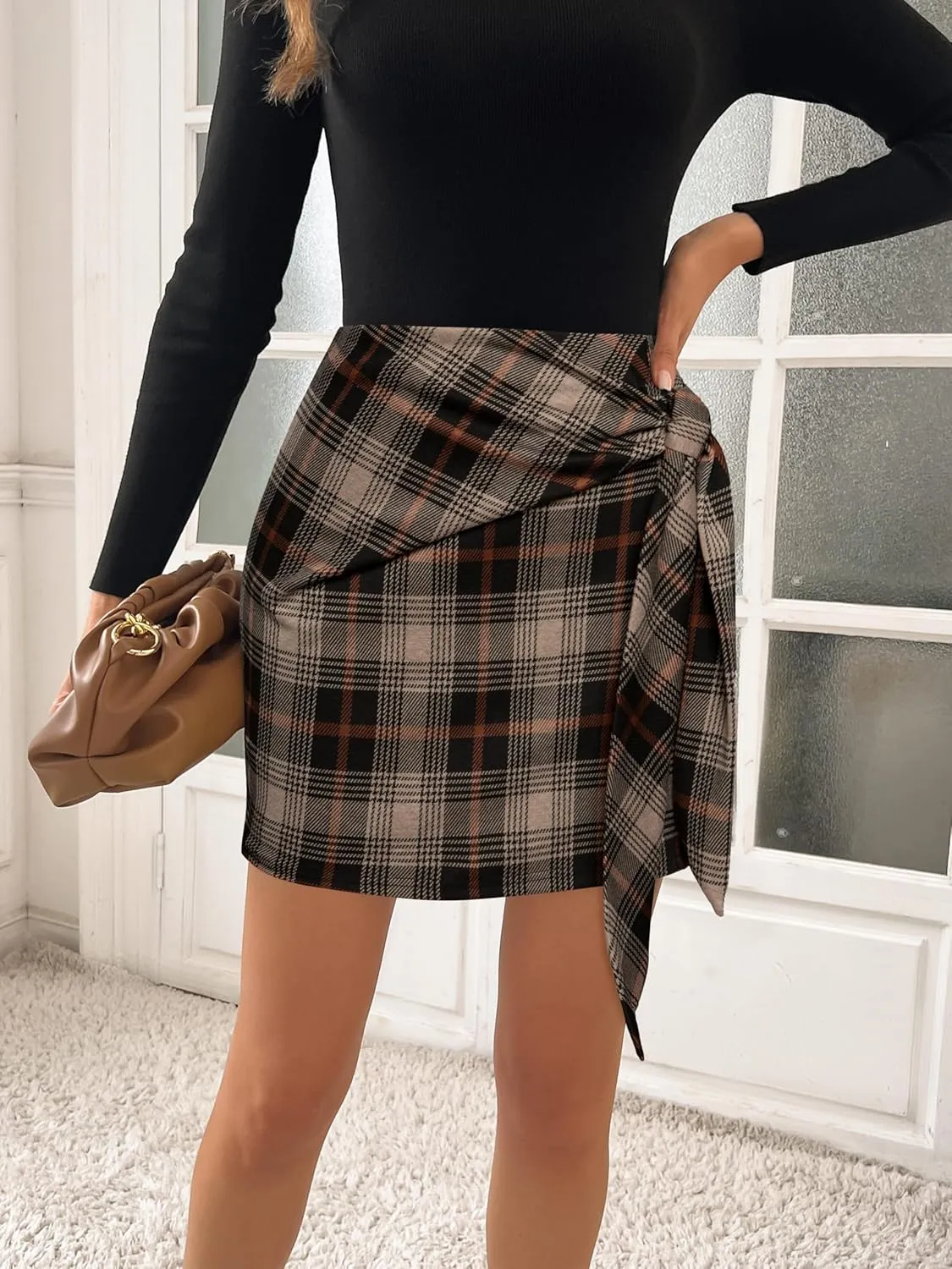 Kate Kasin Women's Plaid Skirt Elastic High Waist Bow Tie Stretch Bodycon Pencil Mini Skirts