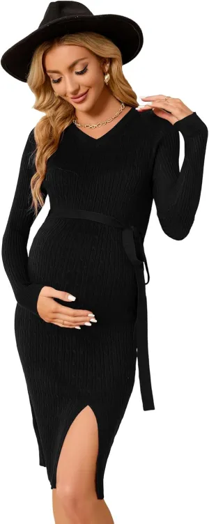KOJOOIN Women's Maternity Cable Knit Sweater Long Sleeve Bodycon Dress