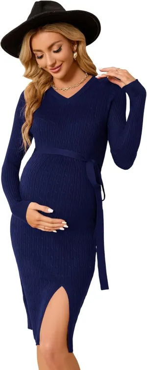 KOJOOIN Women's Maternity Cable Knit Sweater Long Sleeve Bodycon Dress