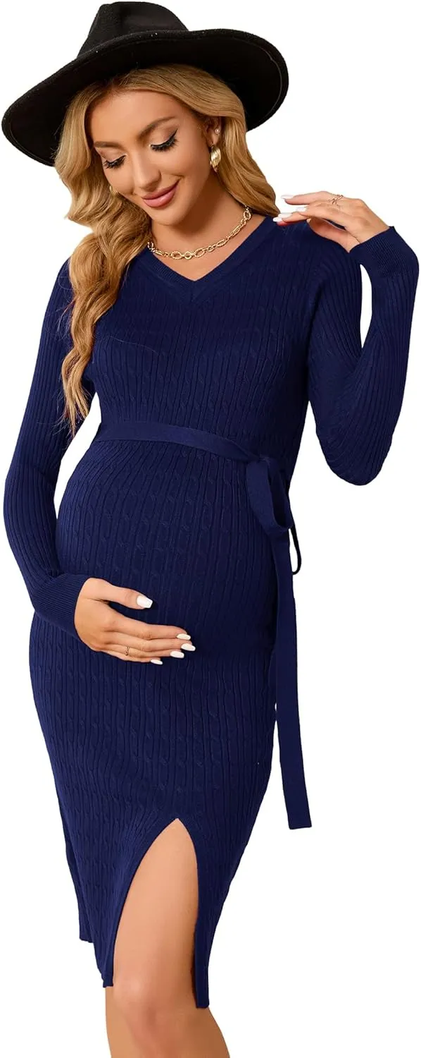 KOJOOIN Women's Maternity Cable Knit Sweater Long Sleeve Bodycon Dress