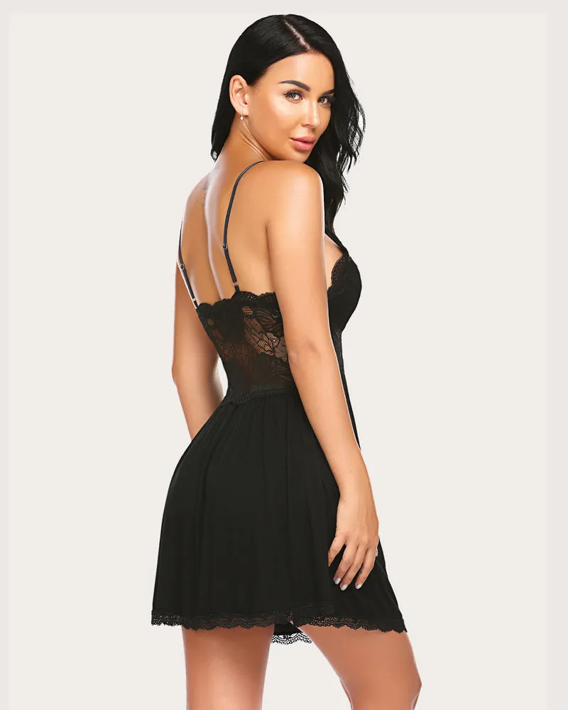 Lace Floral Print V-Neck Full Slip Dress