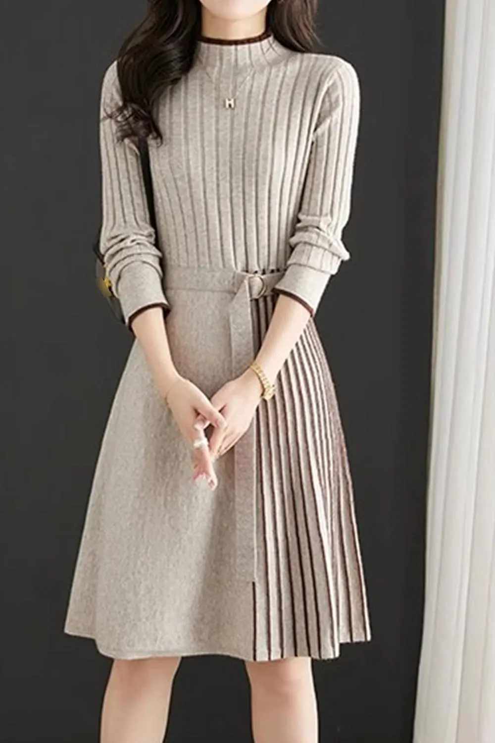 LAI MENG FIVE CATS Women's Elegant Long Sleeve Stripe Sweater Ribbed Knit Pullover Fall Midi Dress