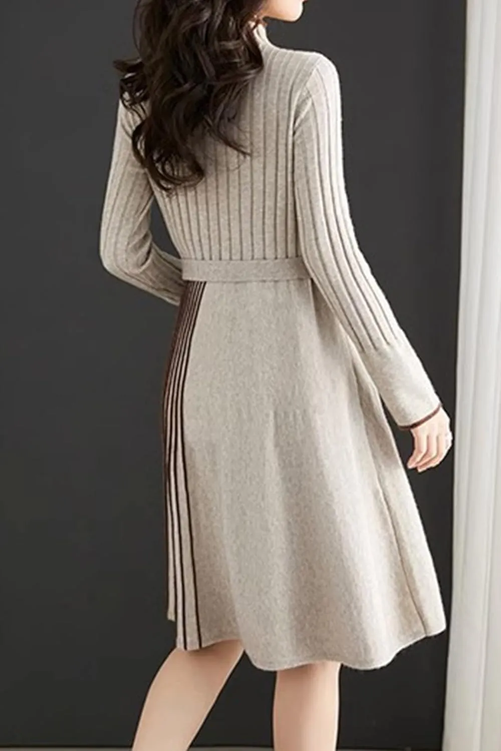 LAI MENG FIVE CATS Women's Elegant Long Sleeve Stripe Sweater Ribbed Knit Pullover Fall Midi Dress