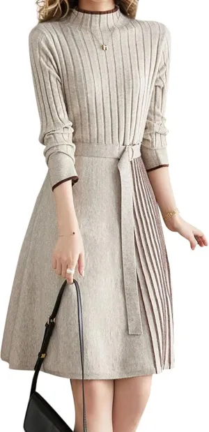 LAI MENG FIVE CATS Women's Elegant Long Sleeve Stripe Sweater Ribbed Knit Pullover Fall Midi Dress