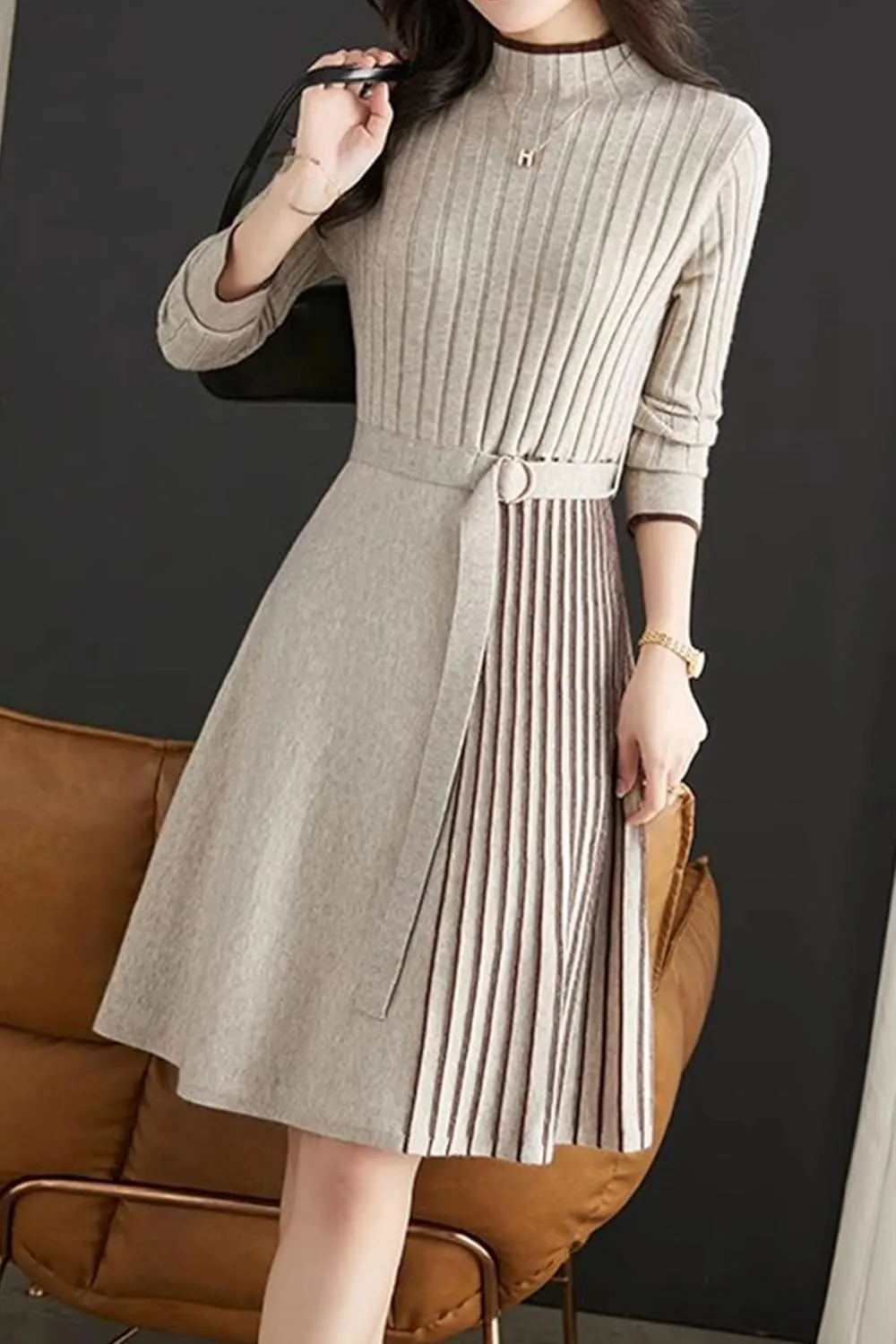 LAI MENG FIVE CATS Women's Elegant Long Sleeve Stripe Sweater Ribbed Knit Pullover Fall Midi Dress