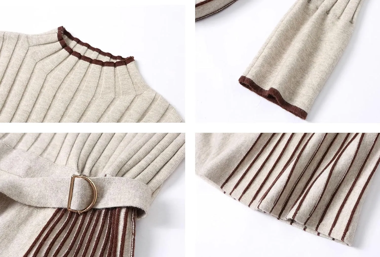 LAI MENG FIVE CATS Women's Elegant Long Sleeve Stripe Sweater Ribbed Knit Pullover Fall Midi Dress