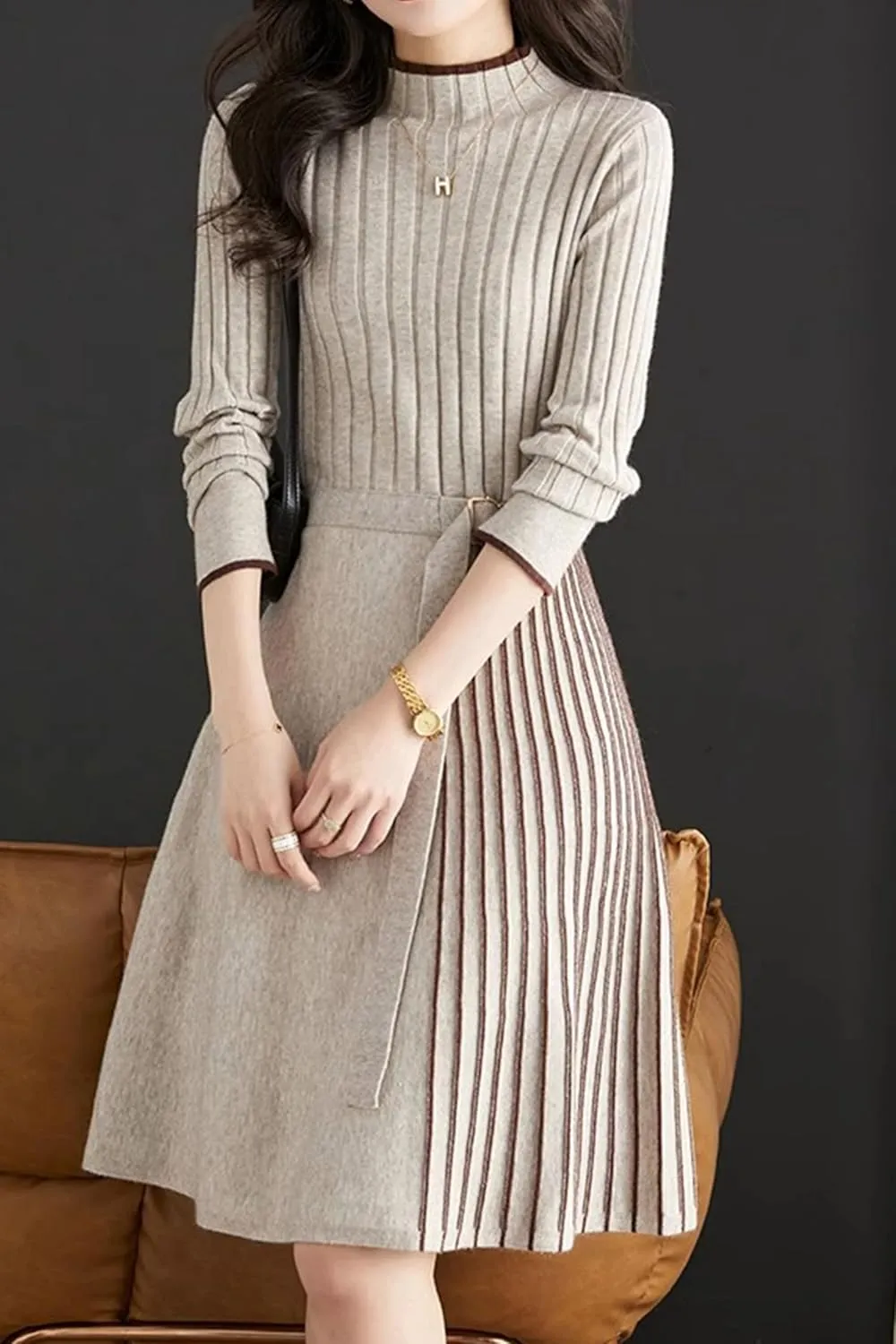 LAI MENG FIVE CATS Women's Elegant Long Sleeve Stripe Sweater Ribbed Knit Pullover Fall Midi Dress