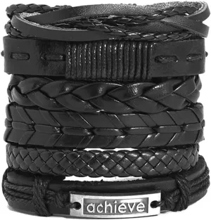 Leather Bracelet Set for Men Women, Multilayer Hemp Cords Tribal Braided Design, Ethnic Wood Beads Wrap Wristbands, 4 Pack, 6.5-8.5 Inches (Achieve - 6Pcs)