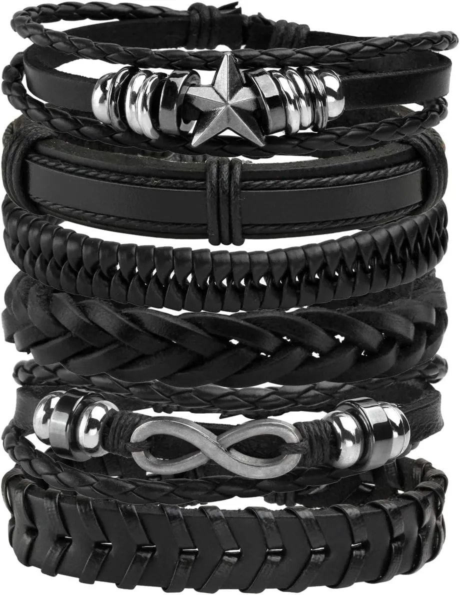 Leather Braided Bracelet Cuff Wrap Wristband for Men Women Adjustable