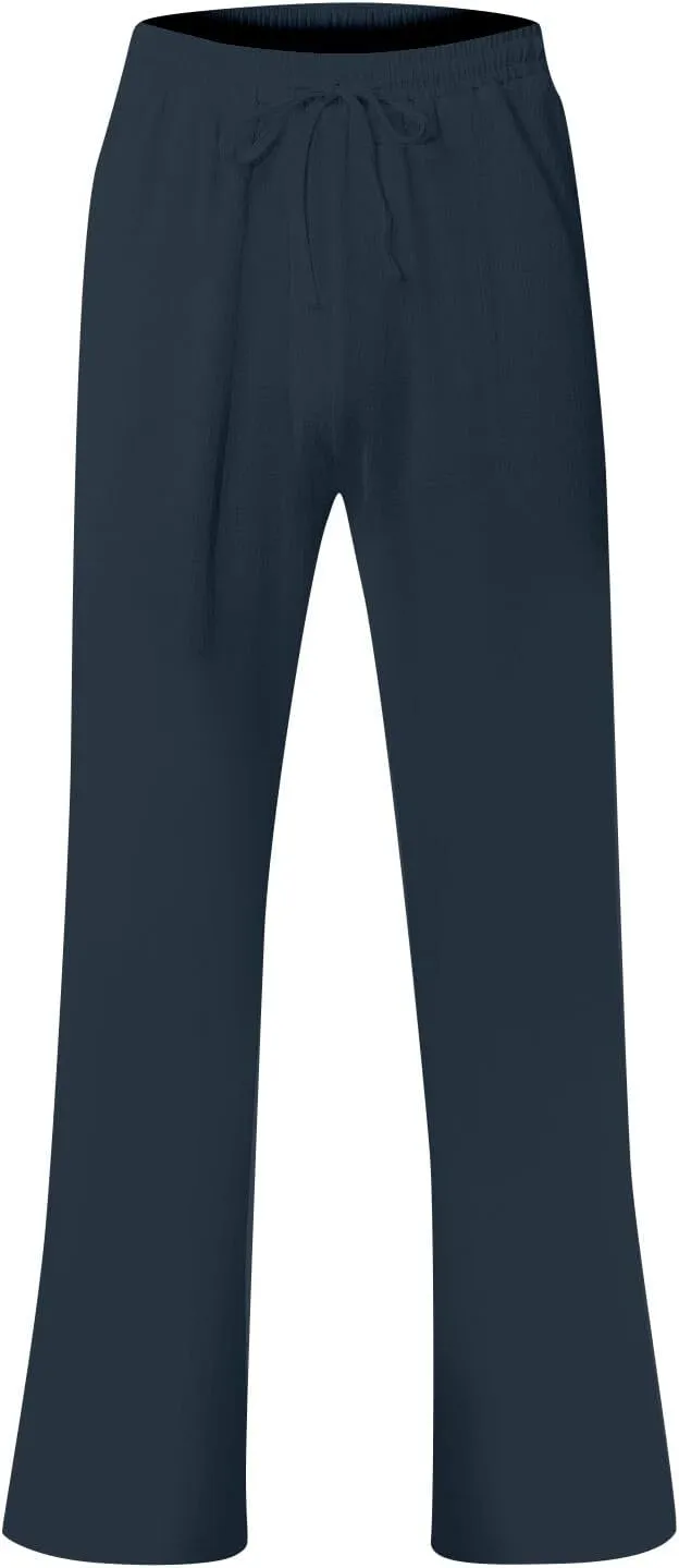 Linen Pants Men Loose Fit Summer Drawstring High Waisted Beach Pants Lightweight Straight Leg Trousers with Pockets