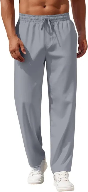 Linen Pants Men Loose Fit Summer Drawstring High Waisted Beach Pants Lightweight Straight Leg Trousers with Pockets