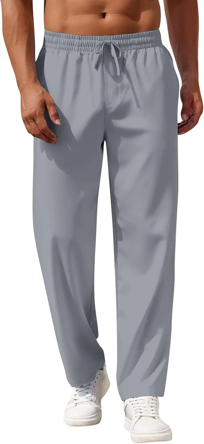 Linen Pants Men Loose Fit Summer Drawstring High Waisted Beach Pants Lightweight Straight Leg Trousers with Pockets