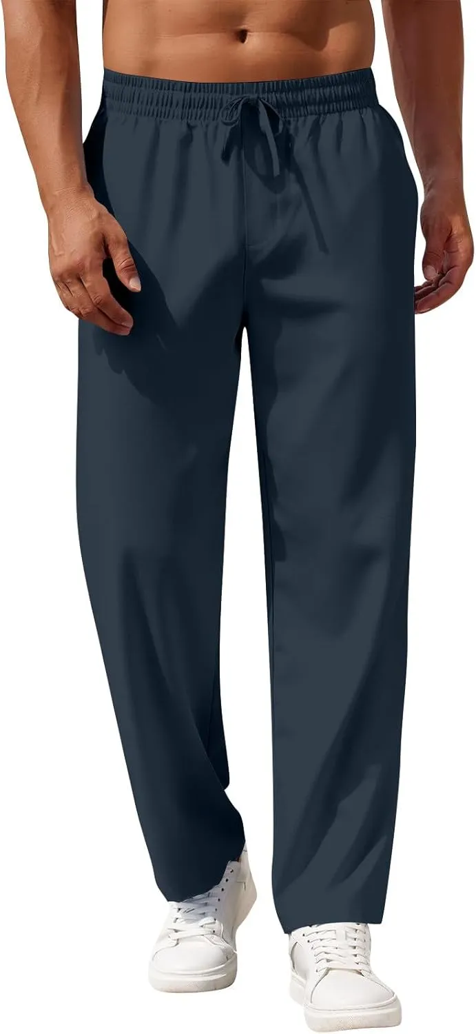 Linen Pants Men Loose Fit Summer Drawstring High Waisted Beach Pants Lightweight Straight Leg Trousers with Pockets