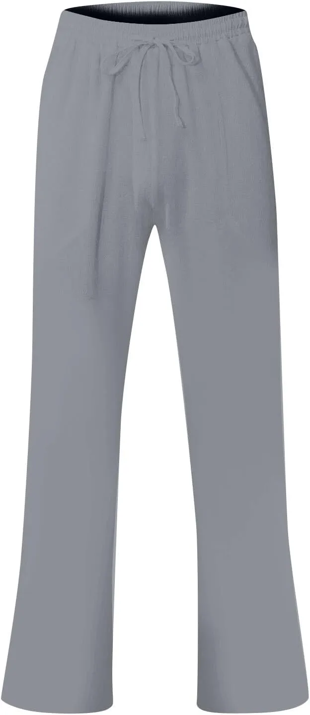 Linen Pants Men Loose Fit Summer Drawstring High Waisted Beach Pants Lightweight Straight Leg Trousers with Pockets