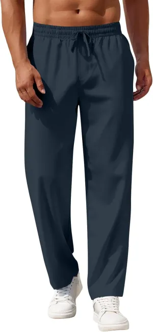 Linen Pants Men Loose Fit Summer Drawstring High Waisted Beach Pants Lightweight Straight Leg Trousers with Pockets