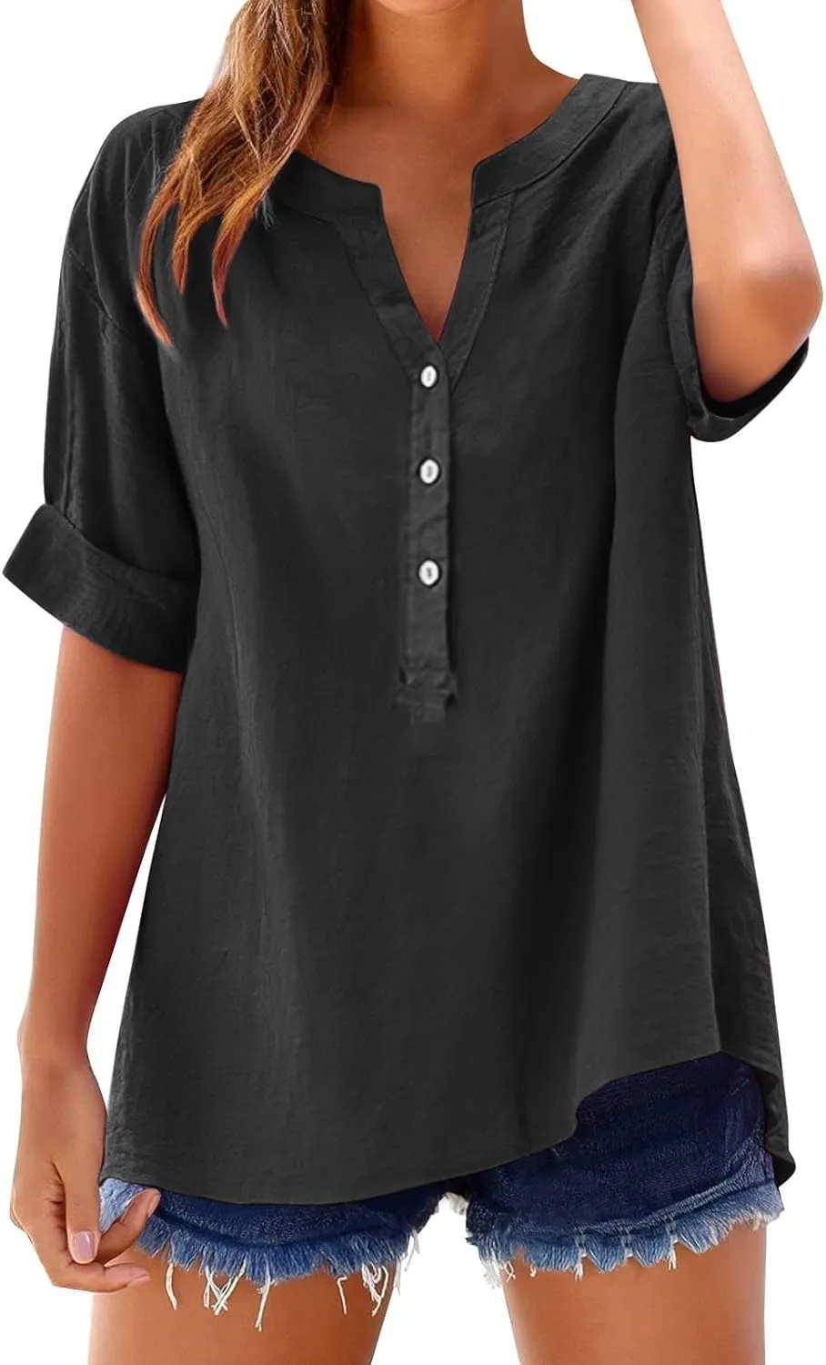 Linen Shirts for Women Breathable Tops Women's Loose Cotton Linen Blouses Womens 3/4 Length Sleeve Ladies Hemp Clothes
