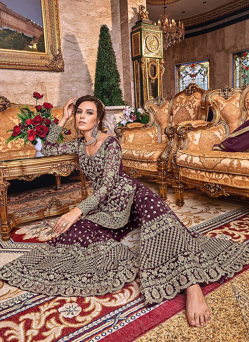 Magenta Floral Embroidered Gharara Palazzo Suit