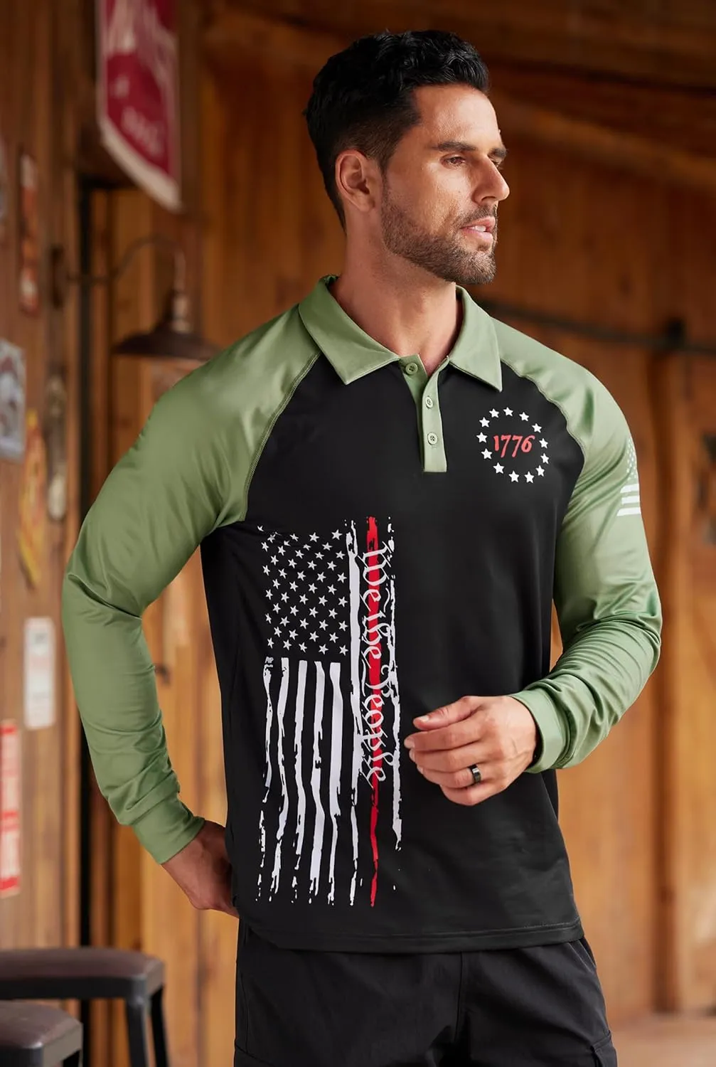 Mainfini Men's Long Sleeve 1776 Golf Shirt USA Flag Graphic Button Polo Shirt (S-3XL)
