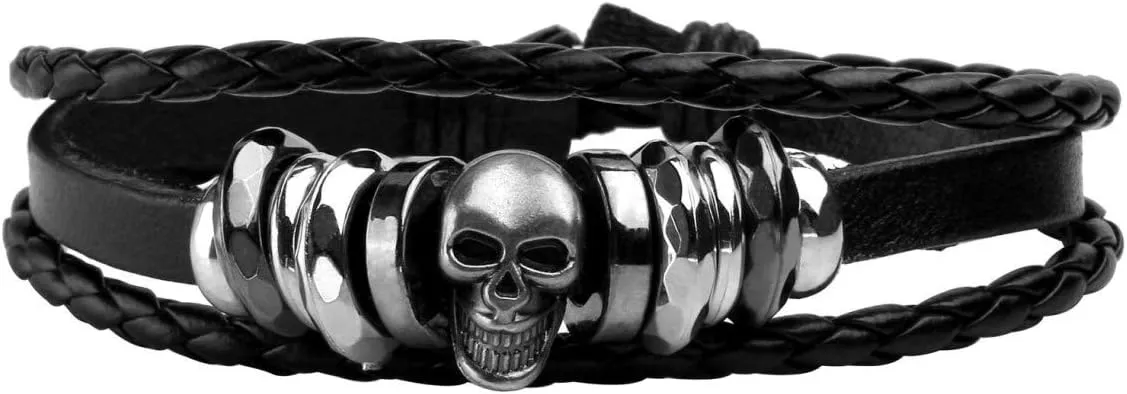 Manfnee Braided Leather Bracelet for Men Women Punk Cuff Wrap Bangle Bracelets Adjustable Black