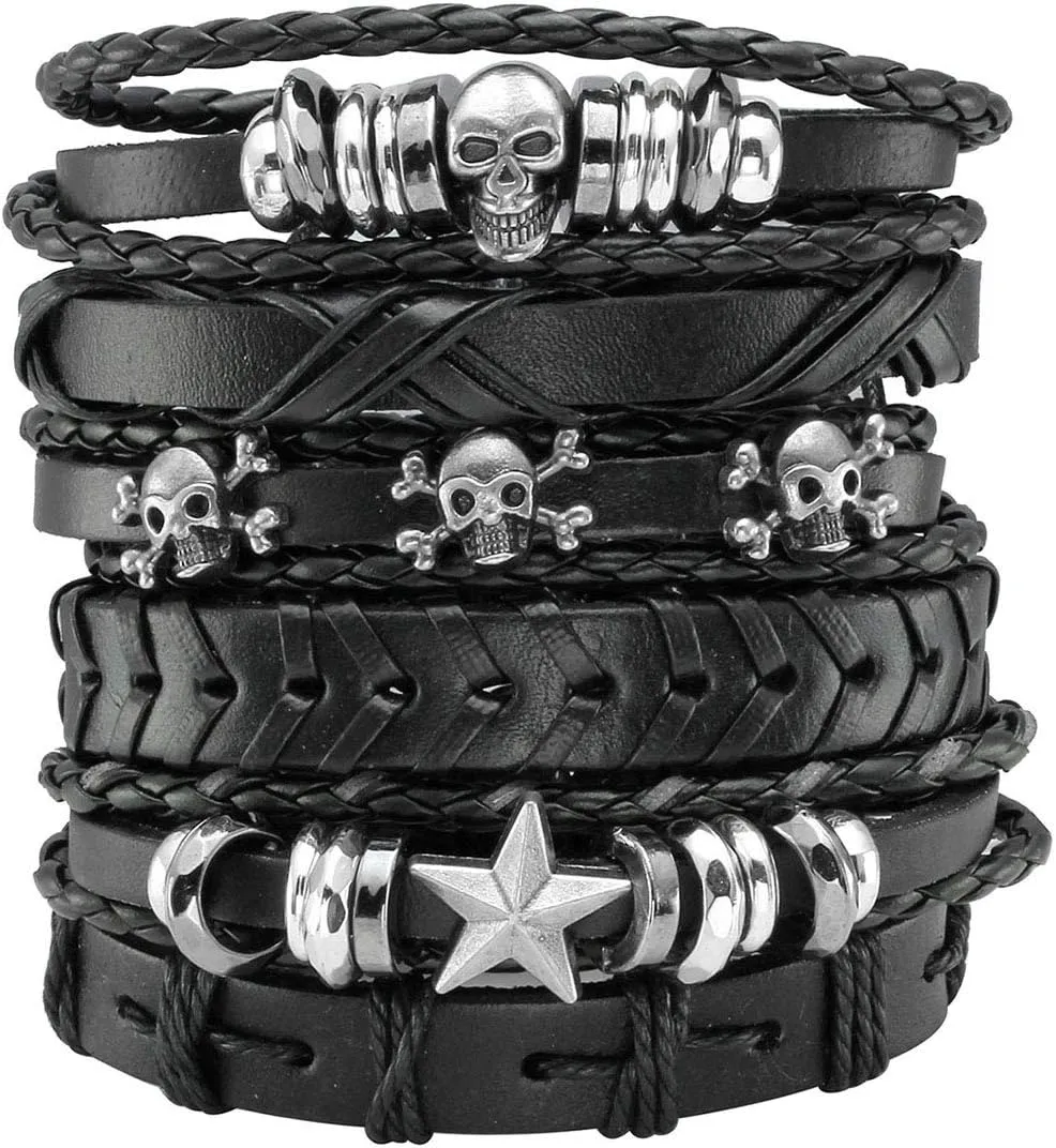 Manfnee Braided Leather Bracelet for Men Women Punk Cuff Wrap Bangle Bracelets Adjustable Black