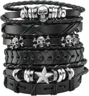 Manfnee Braided Leather Bracelet for Men Women Punk Cuff Wrap Bangle Bracelets Adjustable Black