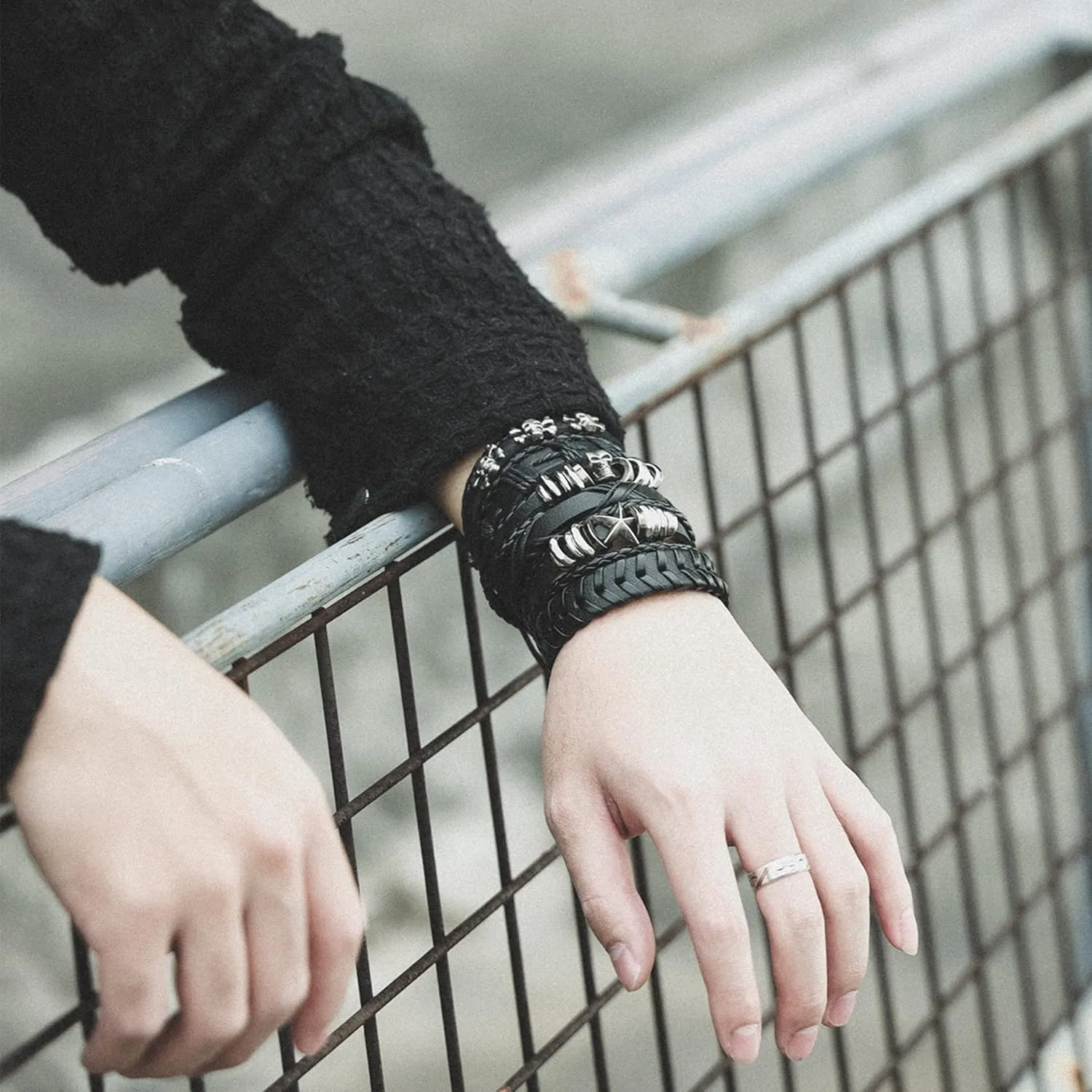 Manfnee Braided Leather Bracelet for Men Women Punk Cuff Wrap Bangle Bracelets Adjustable Black