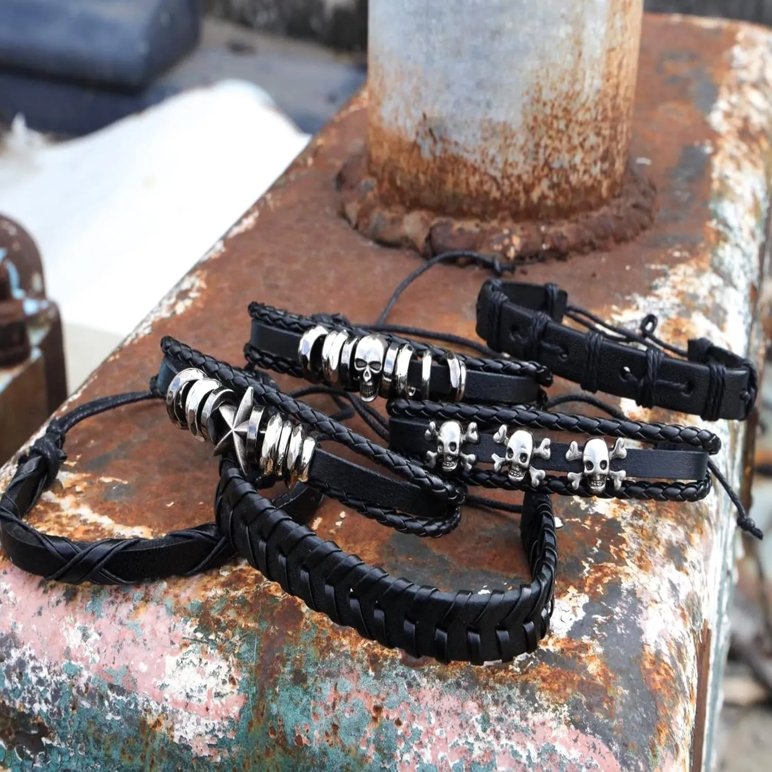 Manfnee Braided Leather Bracelet for Men Women Punk Cuff Wrap Bangle Bracelets Adjustable Black